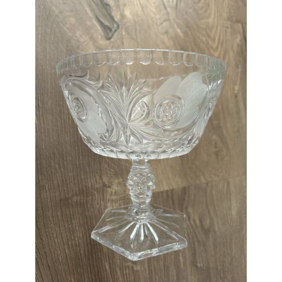 7" American Brilliant Cut Floral Star Crystal Pedestal Footed Bowl Glows Pink! - Picture 13 of 14